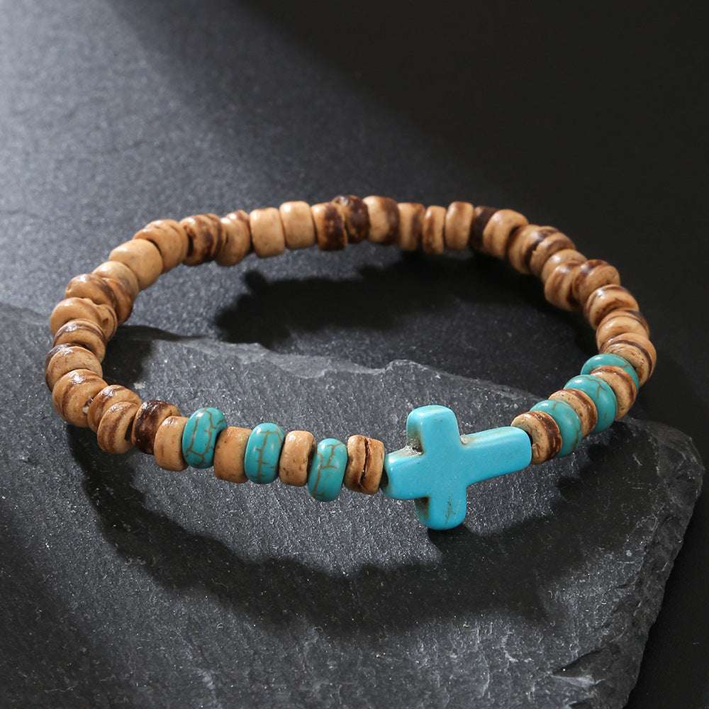 Free Today: Handmade Beaded Skull Bracelet Men's Turquoise Wood Bead Coconut Shell Bracelet Has a Healing Effect