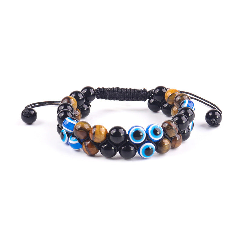 Natural agate stone bracelet, men's and women's magnet bracelet, handmade rope-woven black agate double-row devil's eye bracelet.