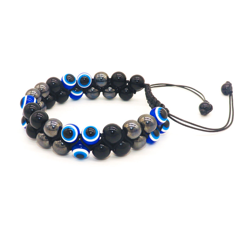 Natural agate stone bracelet, men's and women's magnet bracelet, handmade rope-woven black agate double-row devil's eye bracelet.
