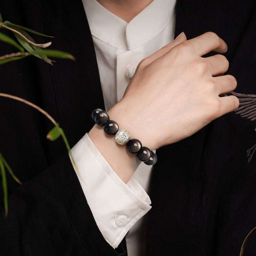Natural Obsidian Bracelet Female Crystal Silver Obsidian Couple Six Characters Proverbs Good Luck Transfer Beads Bracelet Men's Buddha Beads