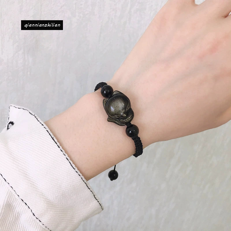 Natural obsidian fox bracelet, peach blossom bracelet, woven bracelet, transshipment, couple crystal jewelry gift.