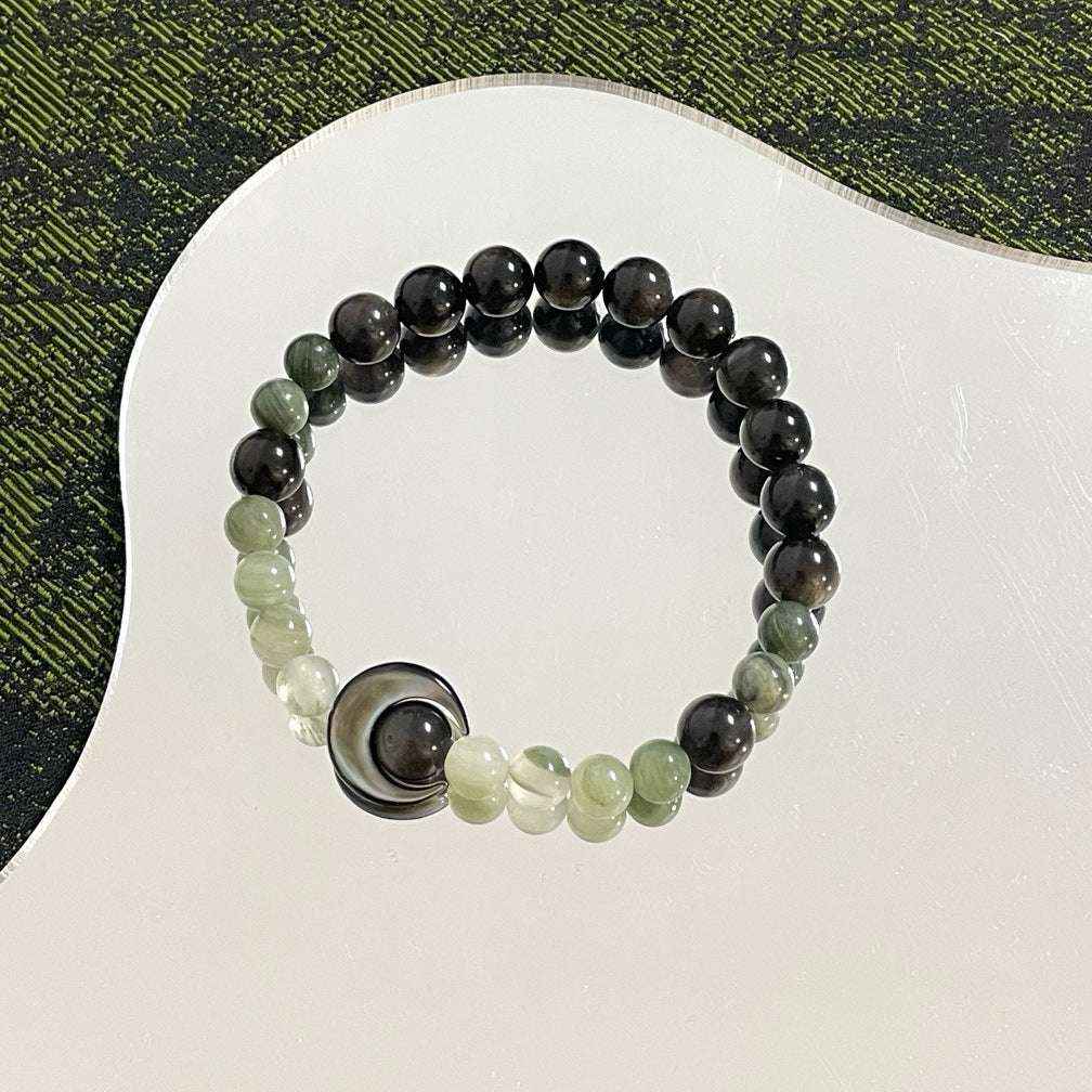 Natural Silver Shine Stone 6mm Natural Stone, Black Shell Moon Bracelet Female Obsidian Inner Peace and Healing