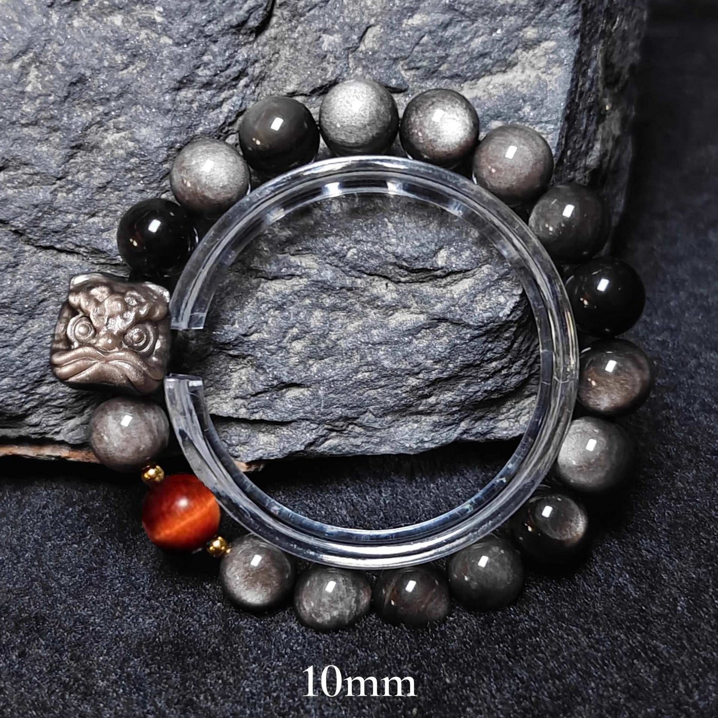 Natural silver obsidian bracelet lion dancing male and female couple Wenwan obsidian bracelet gold obsidian jewelry