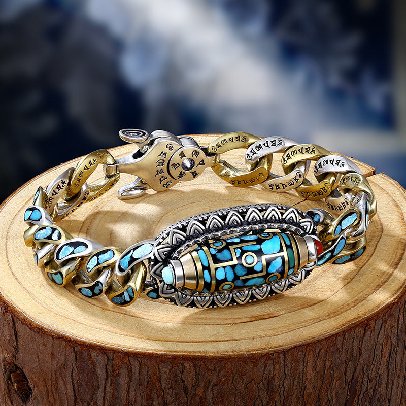 Turquoise Six-Character Mantra Nine-Eyed Dzi Bead Bracelet for Men