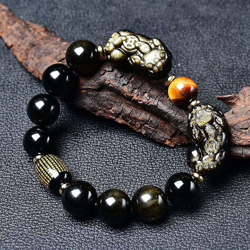 Black obsidian and tiger's eye double Pi Xiu bracelet