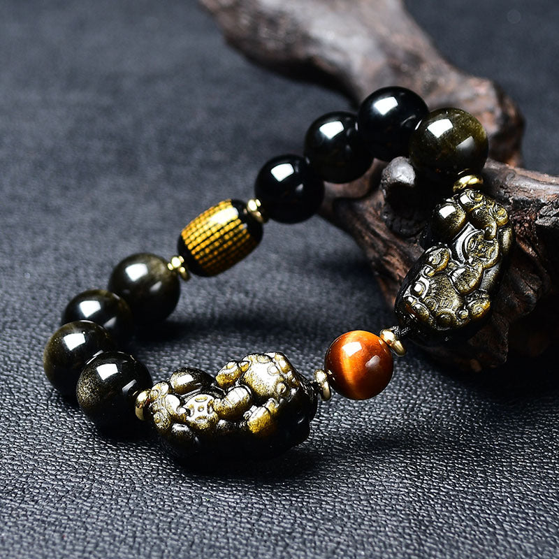 Black obsidian and tiger's eye double Pi Xiu bracelet