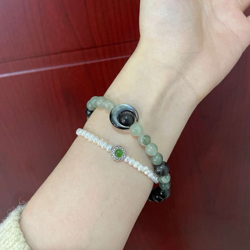 Natural Silver Shine Stone 6mm Natural Stone, Black Shell Moon Bracelet Female Obsidian Inner Peace and Healing