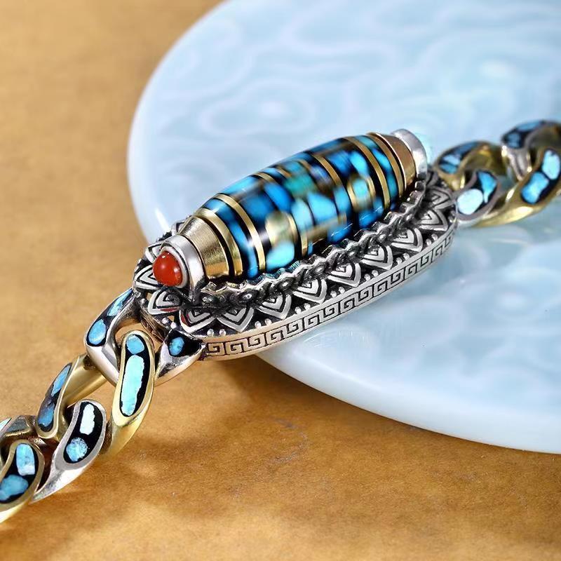 Turquoise Six-Character Mantra Nine-Eyed Dzi Bead Bracelet for Men