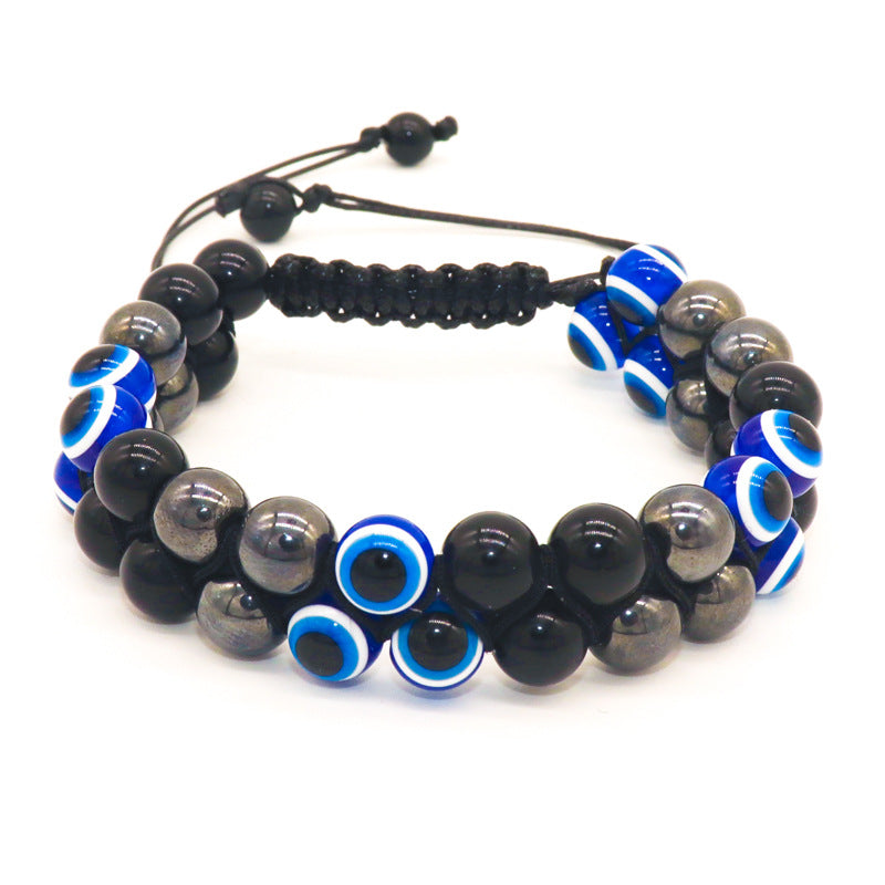 Natural agate stone bracelet, men's and women's magnet bracelet, handmade rope-woven black agate double-row devil's eye bracelet.