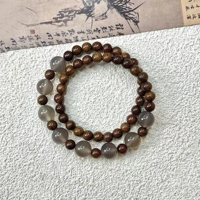 Golden silk sandalwood with smoke purple agate double circle women's beaded simple bracelet