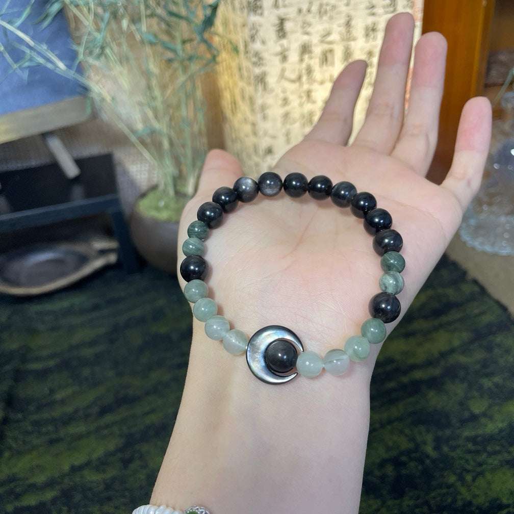 Natural Silver Shine Stone 6mm Natural Stone, Black Shell Moon Bracelet Female Obsidian Inner Peace and Healing