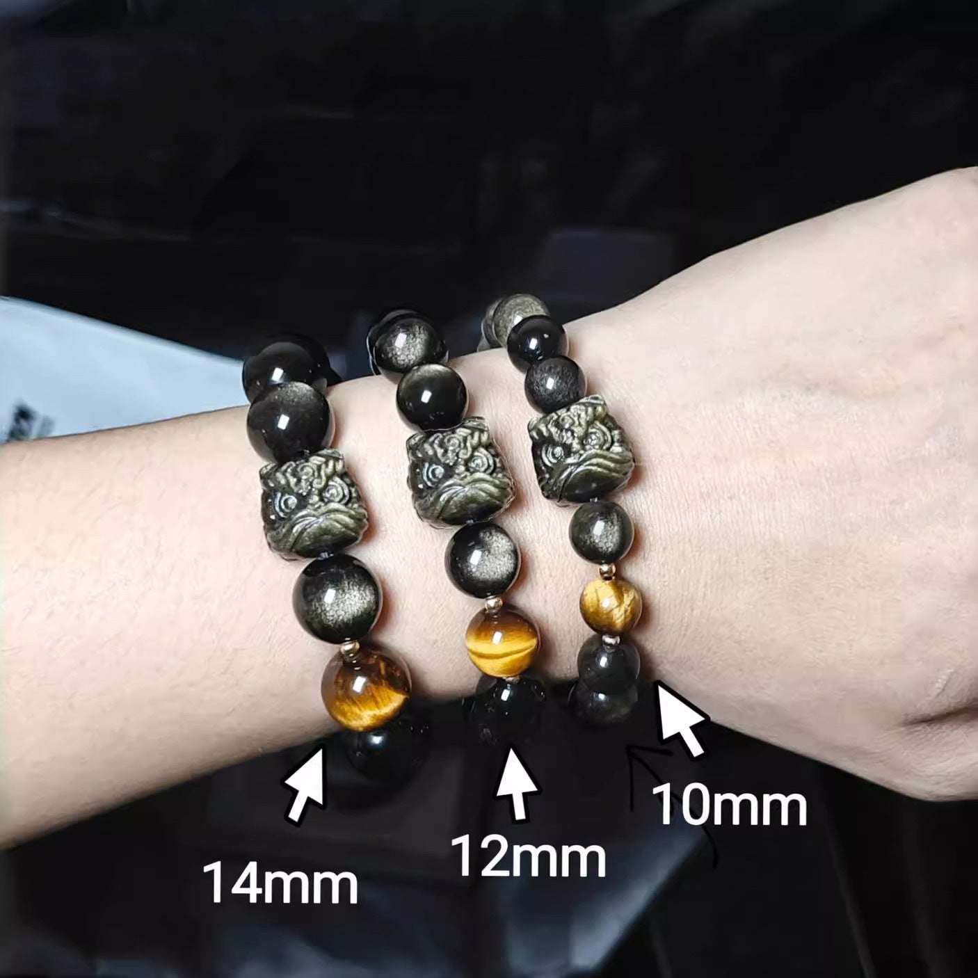 Natural silver obsidian bracelet lion dancing male and female couple Wenwan obsidian bracelet gold obsidian jewelry