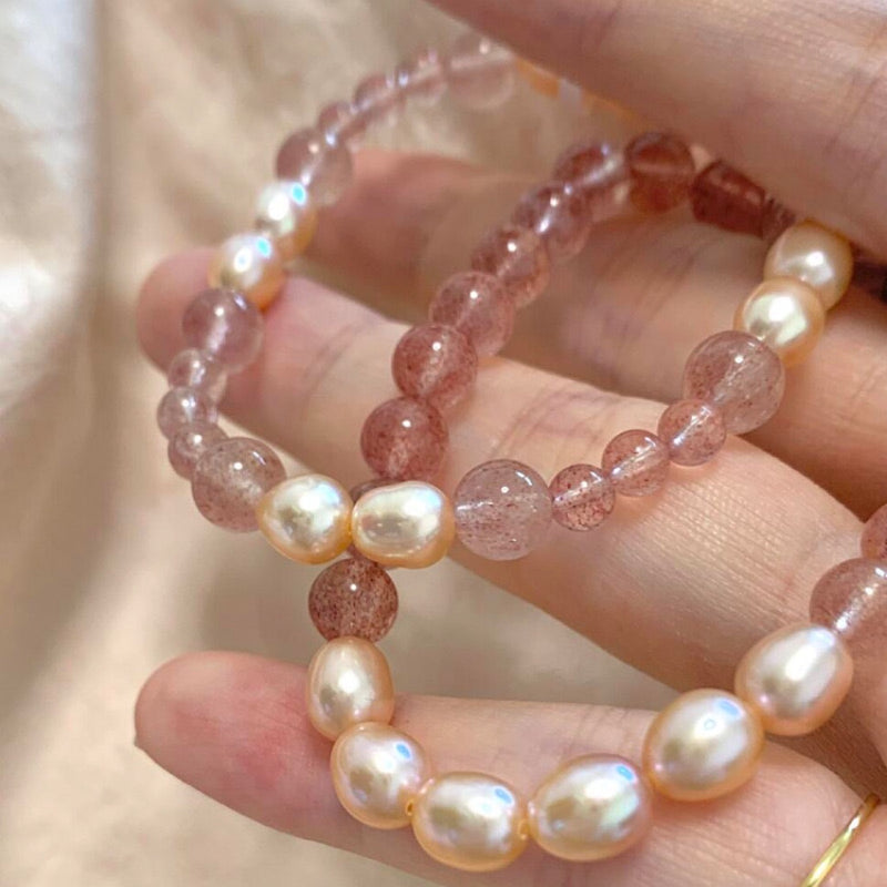 Pink natural pearl strawberry crystal gradual change splicing bracelet versatile stacking design natural pearl bracelet