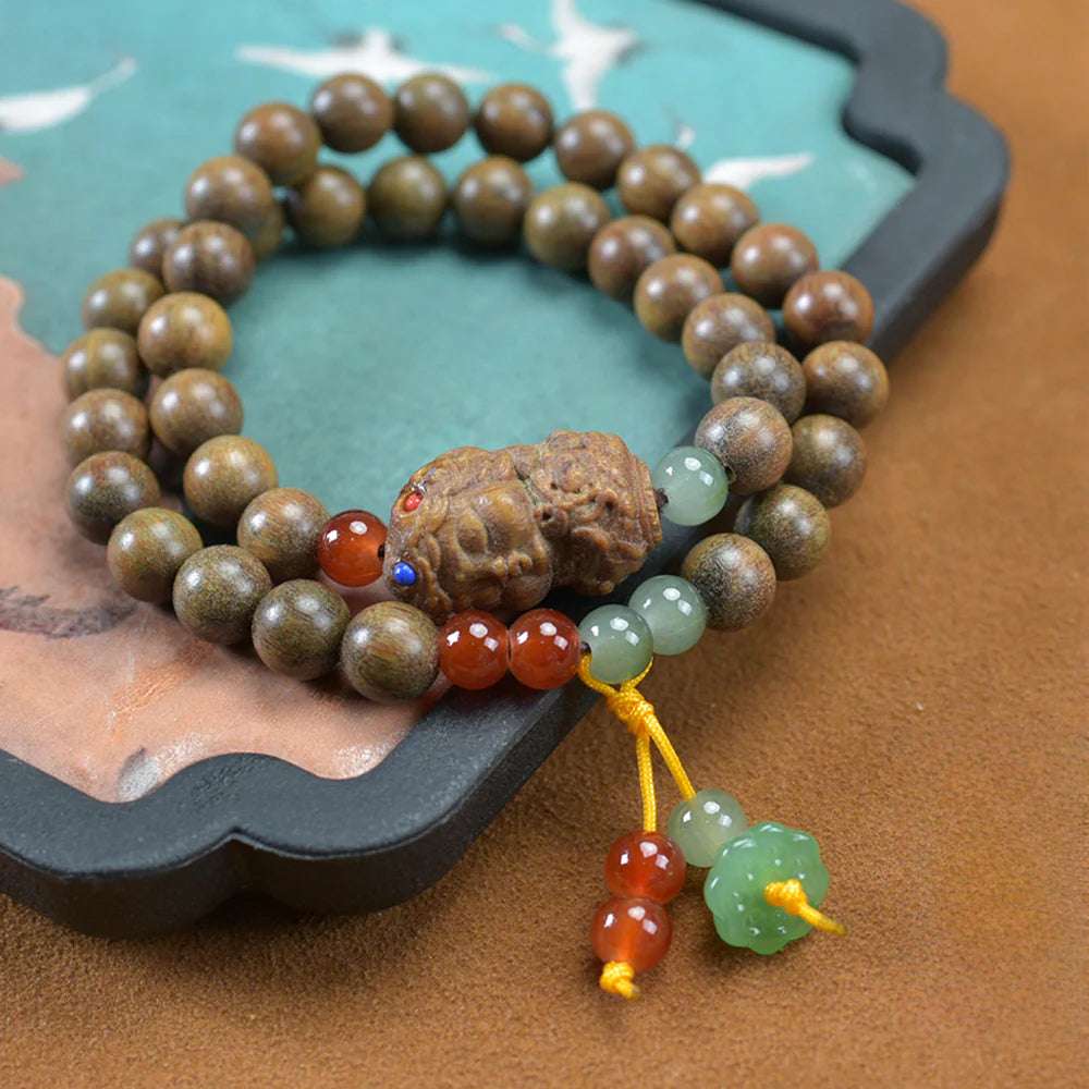 Green sandalwood double circle pendant bracelet female carving