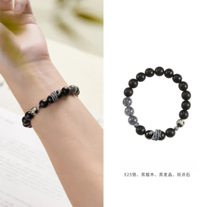 Taoist ebony black hair crystal snake year bracelet men's S925 sterling silver bracelet new Chinese zodiac natal year jewelry