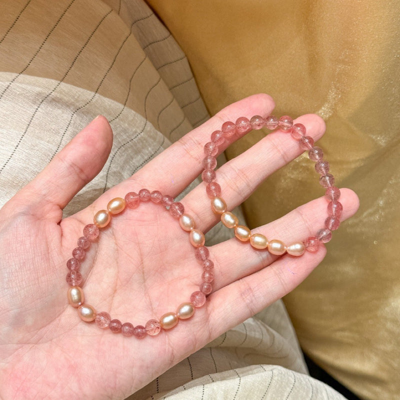 Pink natural pearl strawberry crystal gradual change splicing bracelet versatile stacking design natural pearl bracelet