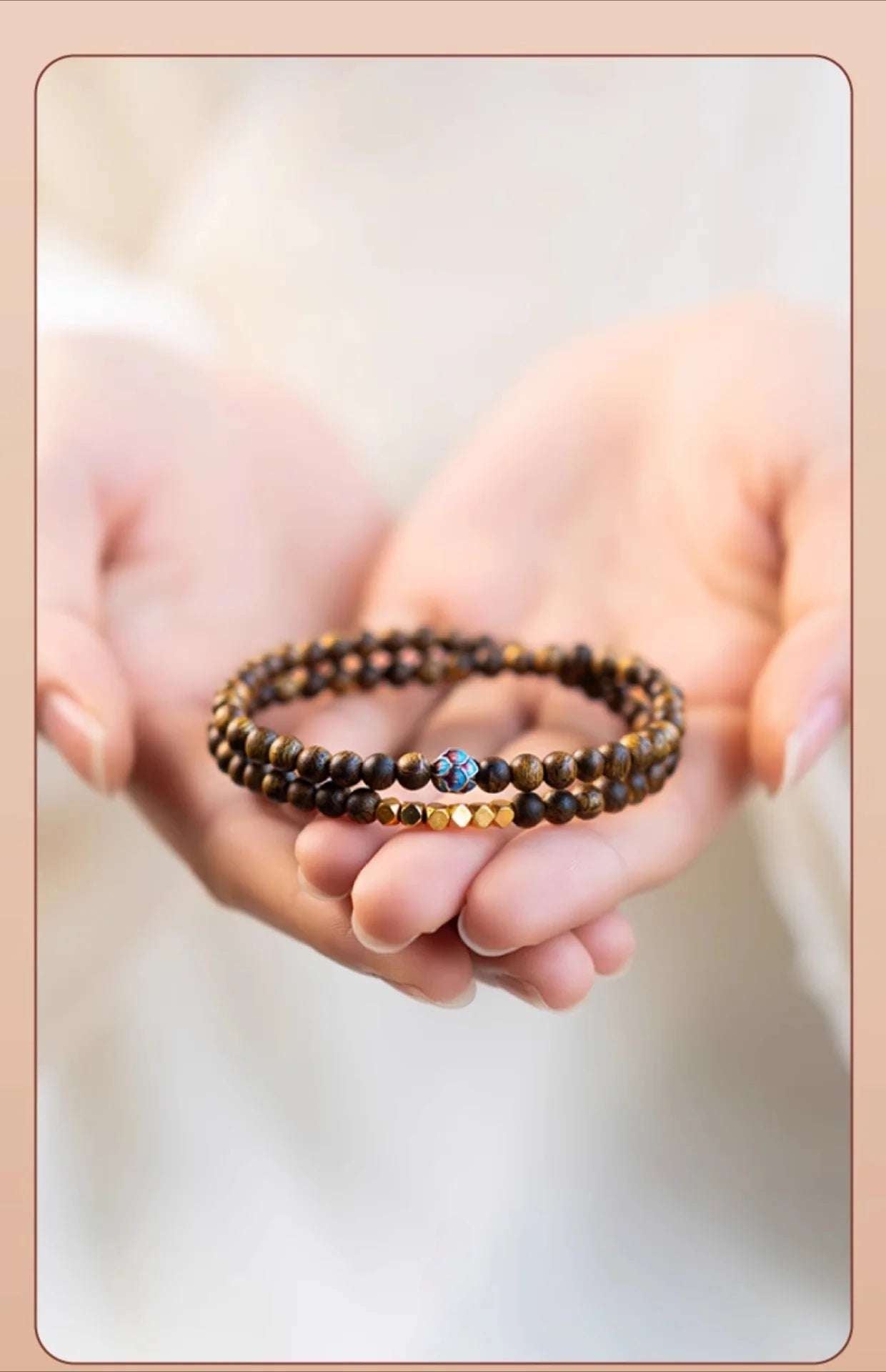 Sandalwood bracelet stacked with three rings of 6mm calming and stable bracelet