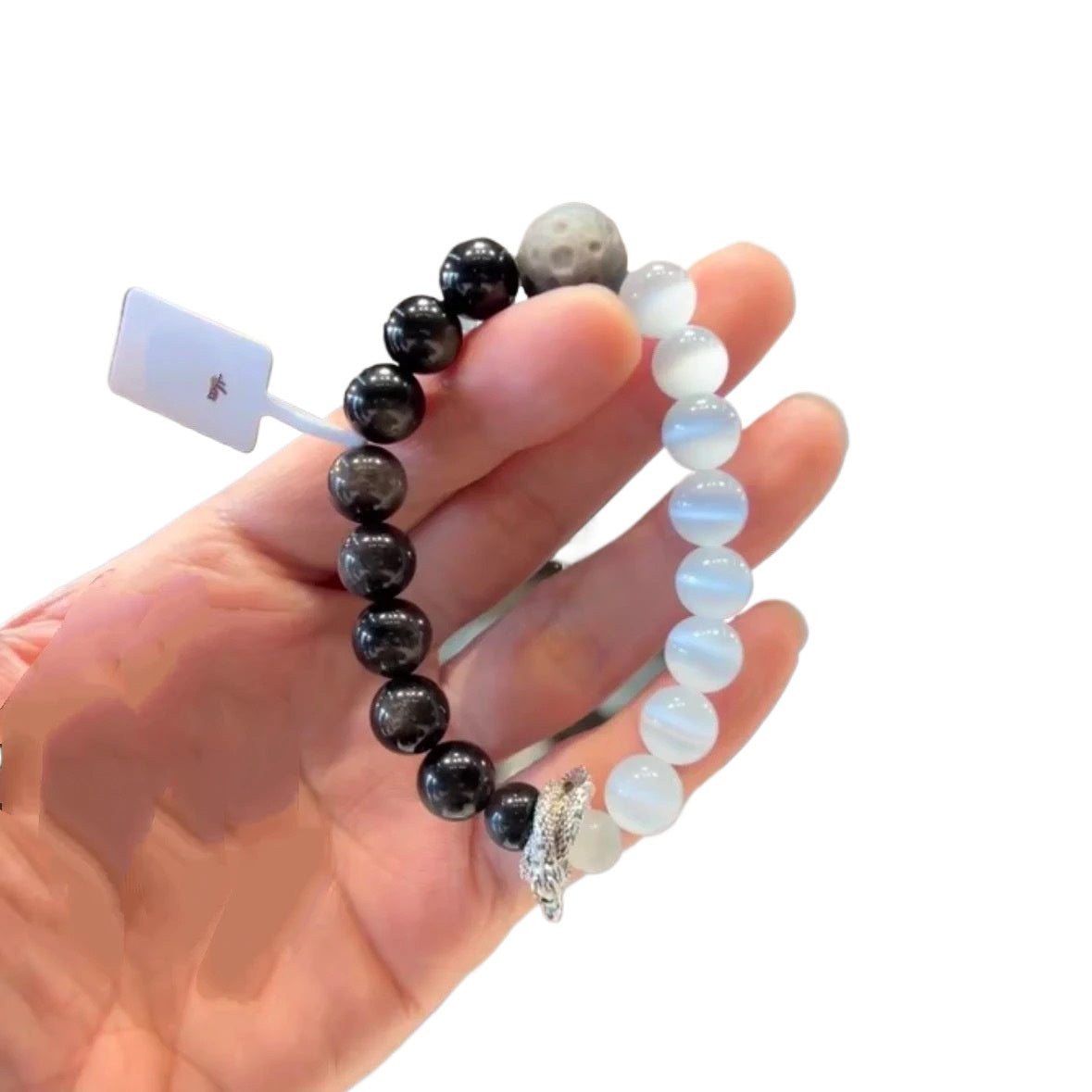 Silver obsidian opal double spell bracelet, male tai chi dragon luck bracelet, practice increases aura