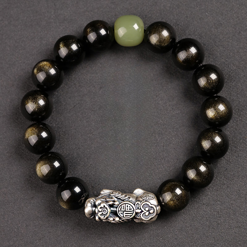 Obsidian Bracelet Natural Golden Yaoshi 999 Pure Silver Pixiu Bracelet Beads Women's Men's Birthday Gift Couple