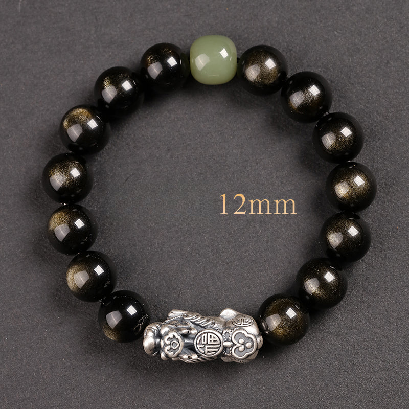 Obsidian Bracelet Natural Golden Yaoshi 999 Pure Silver Pixiu Bracelet Beads Women's Men's Birthday Gift Couple