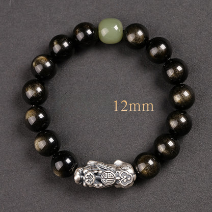 Obsidian Bracelet Natural Golden Yaoshi 999 Pure Silver Pixiu Bracelet Beads Women's Men's Birthday Gift Couple