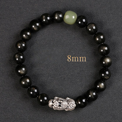 Obsidian Bracelet Natural Golden Yaoshi 999 Pure Silver Pixiu Bracelet Beads Women's Men's Birthday Gift Couple
