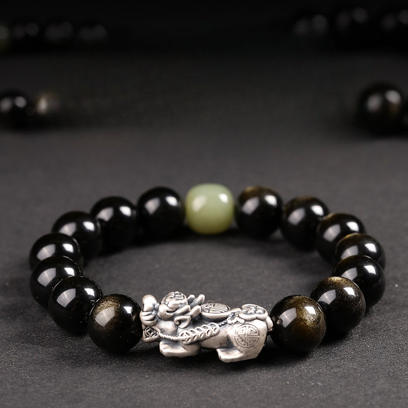 Obsidian Bracelet Natural Golden Yaoshi 999 Pure Silver Pixiu Bracelet Beads Women's Men's Birthday Gift Couple