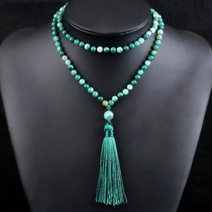 Fashion Green Agates Beaded Necklace 108 Beads Mala Natural Stone Knotted Long Tassel Necklace Yoga Meditation Spirit Jewelry
