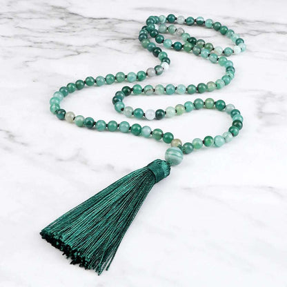 Fashion Green Agates Beaded Necklace 108 Beads Mala Natural Stone Knotted Long Tassel Necklace Yoga Meditation Spirit Jewelry