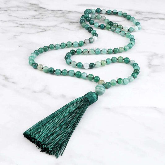 Fashion Green Agates Beaded Necklace 108 Beads Mala Natural Stone Knotted Long Tassel Necklace Yoga Meditation Spirit Jewelry