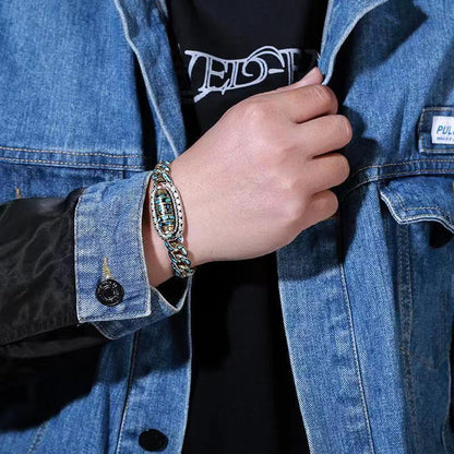 Turquoise Six-Character Mantra Nine-Eyed Dzi Bead Bracelet for Men