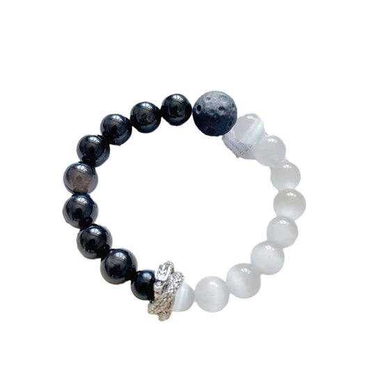 Silver obsidian opal double spell bracelet, male tai chi dragon luck bracelet, practice increases aura