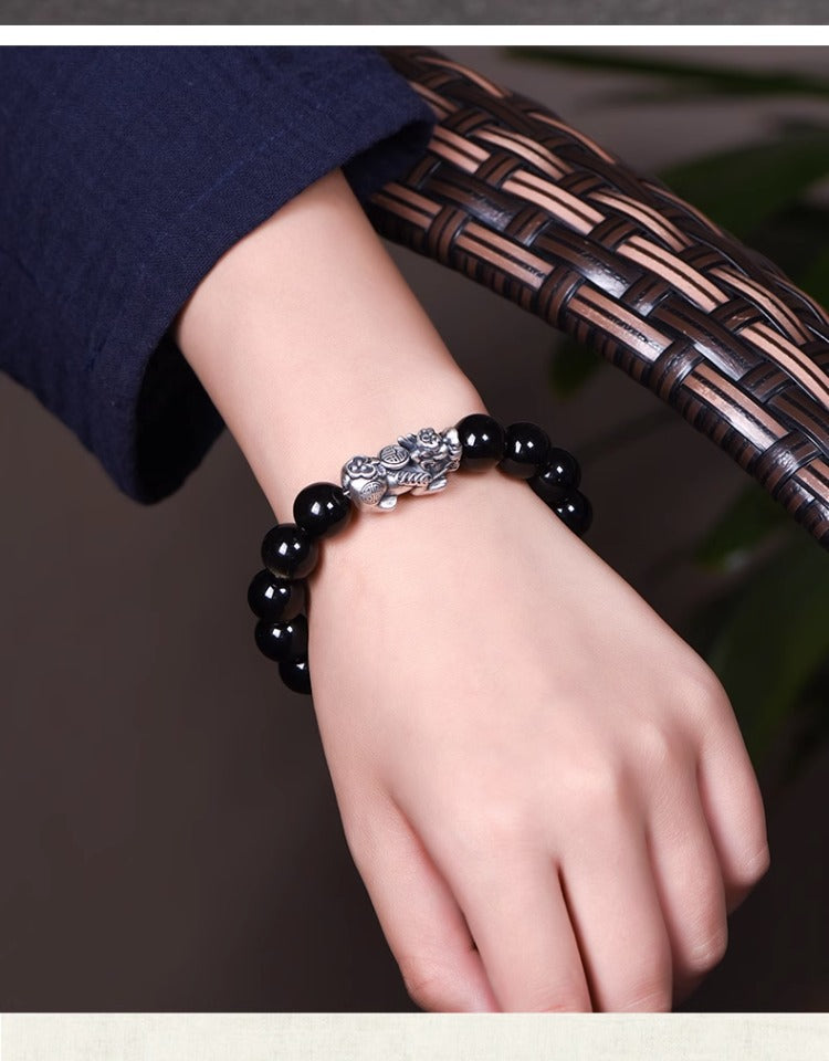 Obsidian Bracelet Natural Golden Yaoshi 999 Pure Silver Pixiu Bracelet Beads Women's Men's Birthday Gift Couple