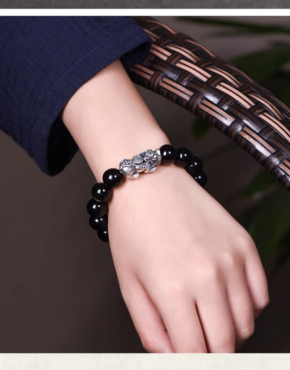 Obsidian Bracelet Natural Golden Yaoshi 999 Pure Silver Pixiu Bracelet Beads Women's Men's Birthday Gift Couple