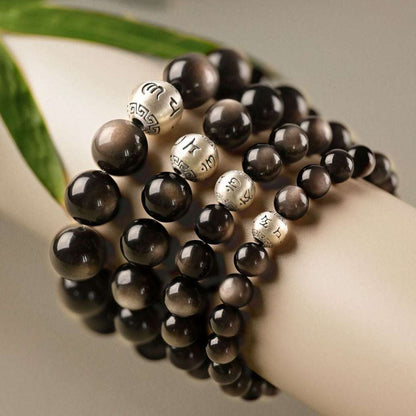 Natural Obsidian Bracelet Female Crystal Silver Obsidian Couple Six Characters Proverbs Good Luck Transfer Beads Bracelet Men's Buddha Beads