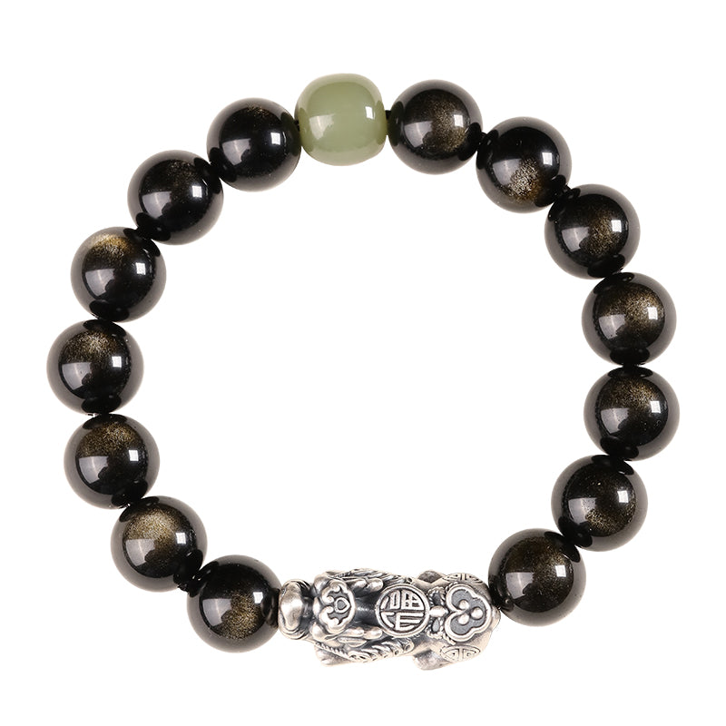Obsidian Bracelet Natural Golden Yaoshi 999 Pure Silver Pixiu Bracelet Beads Women's Men's Birthday Gift Couple