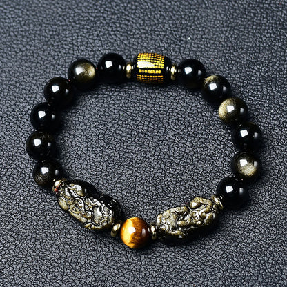 Black obsidian and tiger's eye double Pi Xiu bracelet