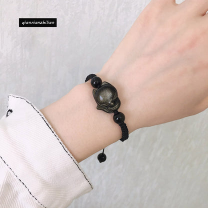 Natural obsidian fox bracelet, peach blossom bracelet, woven bracelet, transshipment, couple crystal jewelry gift.