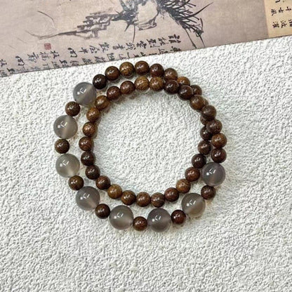 Golden silk sandalwood with smoke purple agate double circle women's beaded simple bracelet
