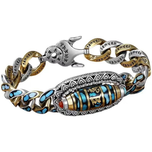 Turquoise Six-Character Mantra Nine-Eyed Dzi Bead Bracelet for Men