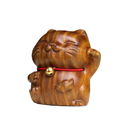 Green sandalwood hand handle piece Lucky cat ornament