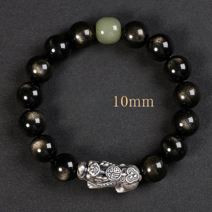 Obsidian Bracelet Natural Golden Yaoshi 999 Pure Silver Pixiu Bracelet Beads Women's Men's Birthday Gift Couple