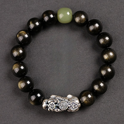 Obsidian Bracelet Natural Golden Yaoshi 999 Pure Silver Pixiu Bracelet Beads Women's Men's Birthday Gift Couple